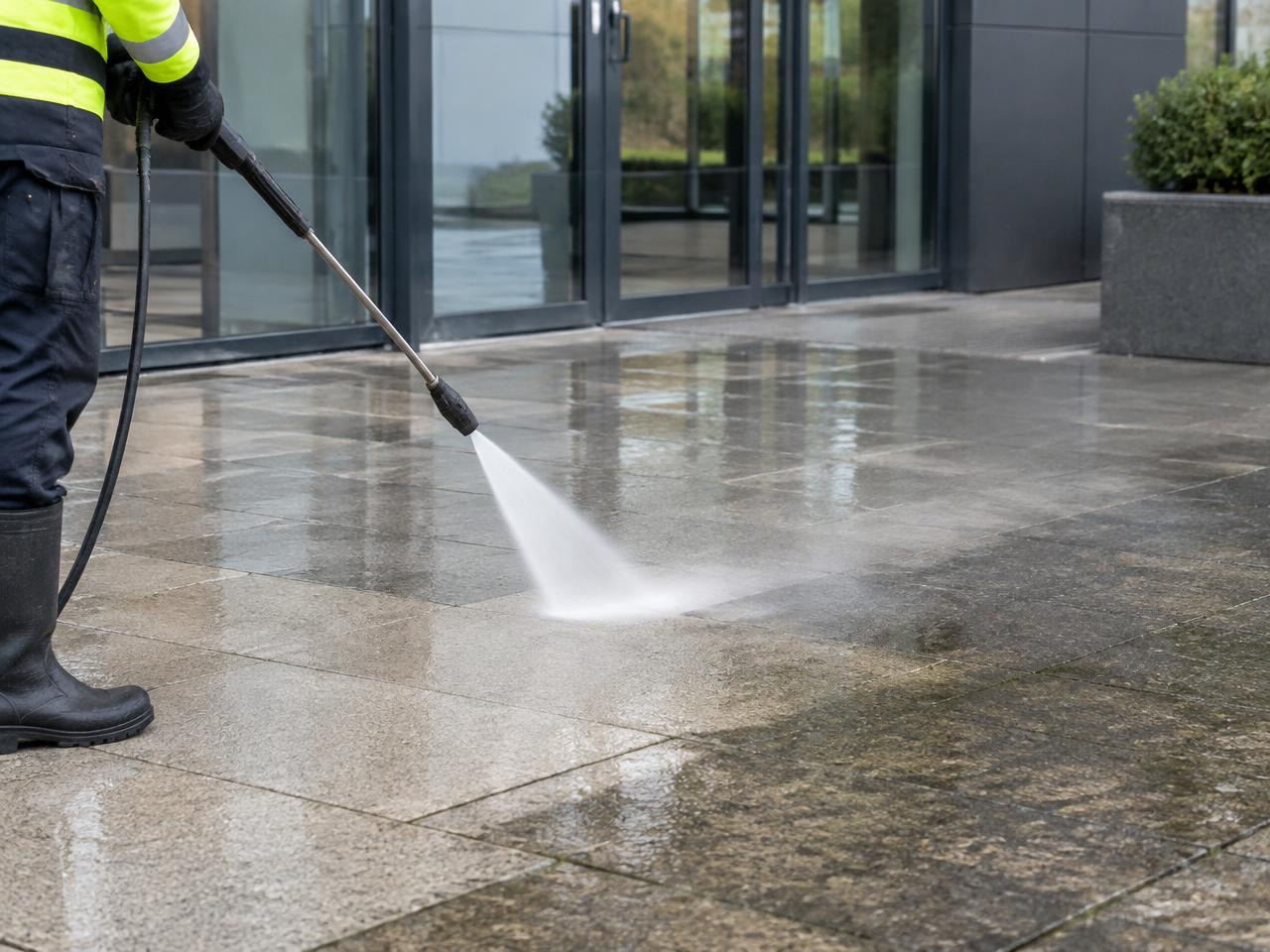 Pressure washing a commercial forecourt